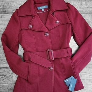 Kenneth Cole Reaction Women's Burgundy Double-Breasted Belted Trench